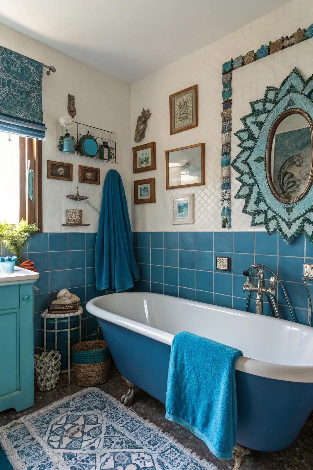 Eclectic blue elements weave a personalized and vibrant bathroom.