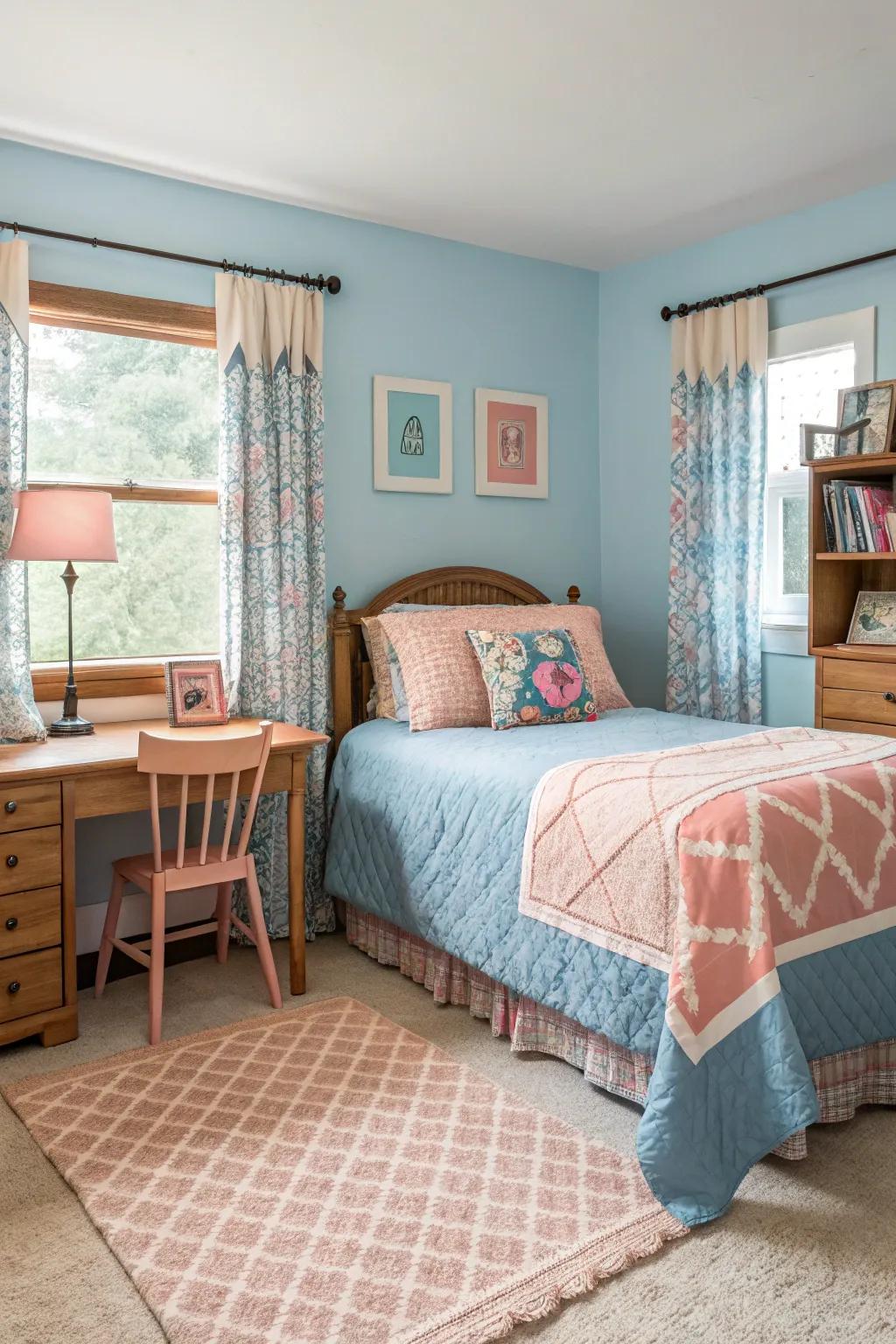 Blue mixed with warm shades makes a balanced space.
