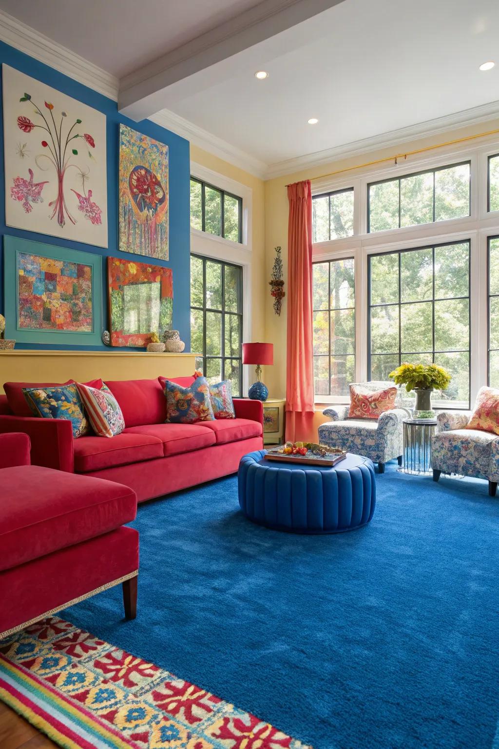 Daring shades fashion a striking juxtaposition with a cerulean carpet, assuring a vibrant area.