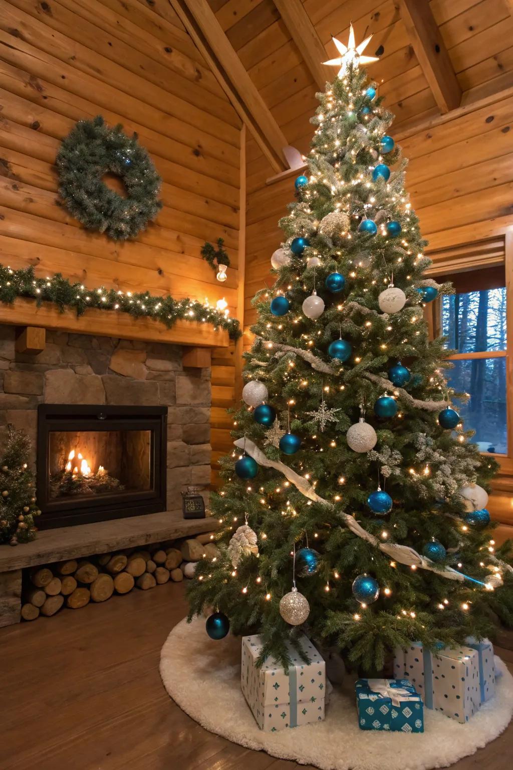 A rustic charm featuring azure and ivory ornaments.