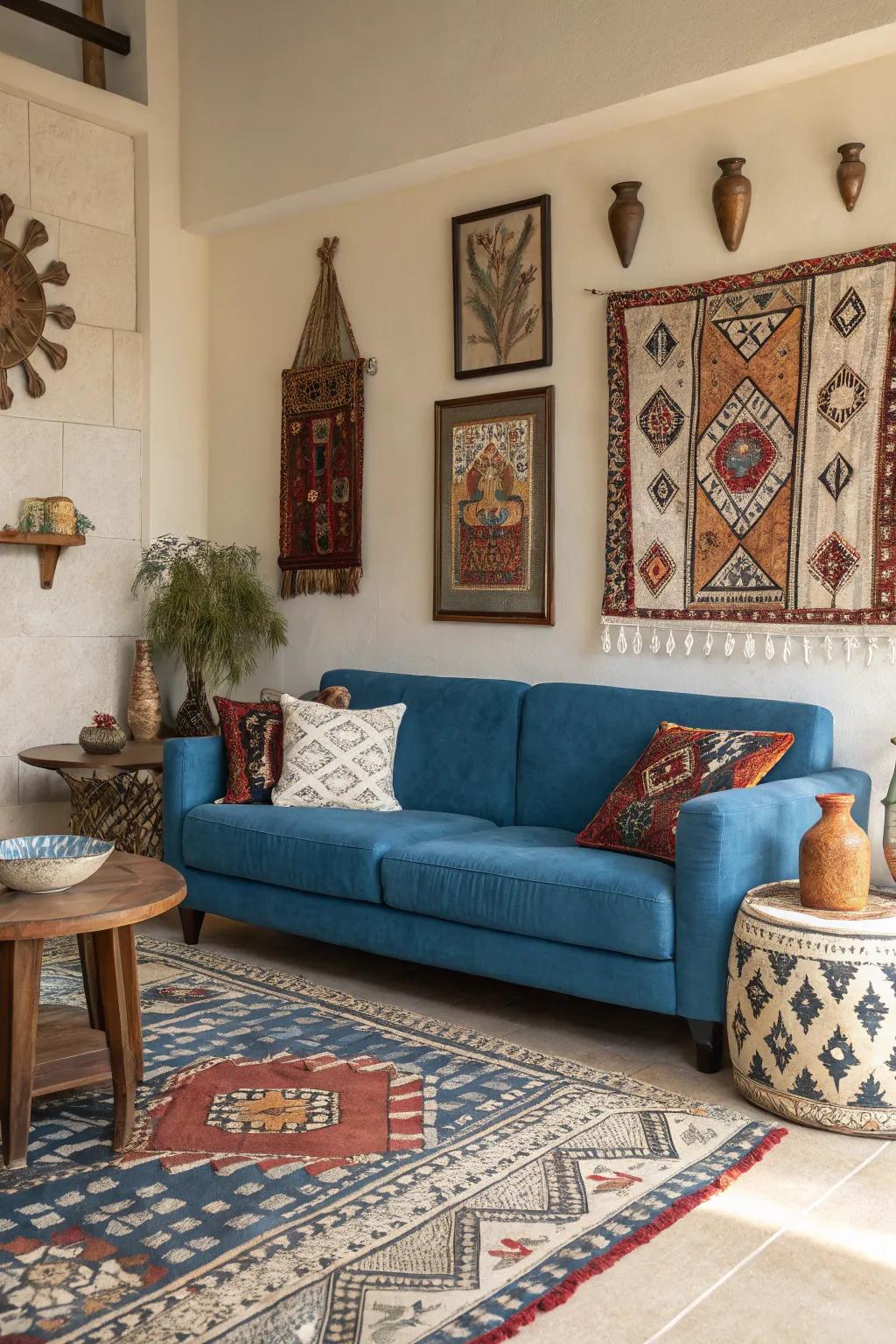 Cultural elements add depth and personality to a blue sofa arrangement.