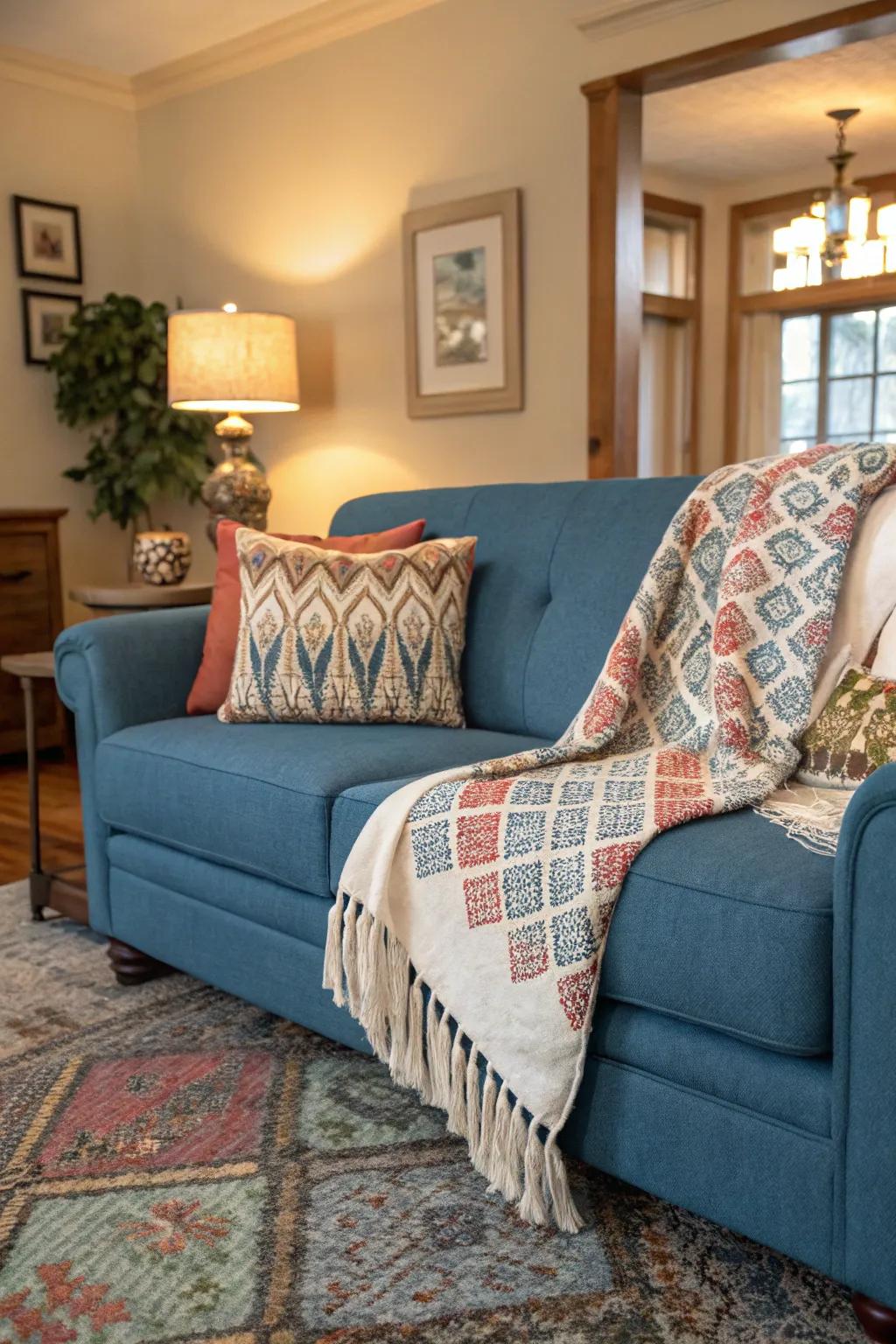 A cozy toss enhances comfort and style on the settee.