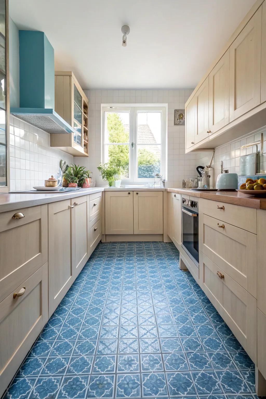 Azure floor tiles furnish a daring foundation in the kitchen.