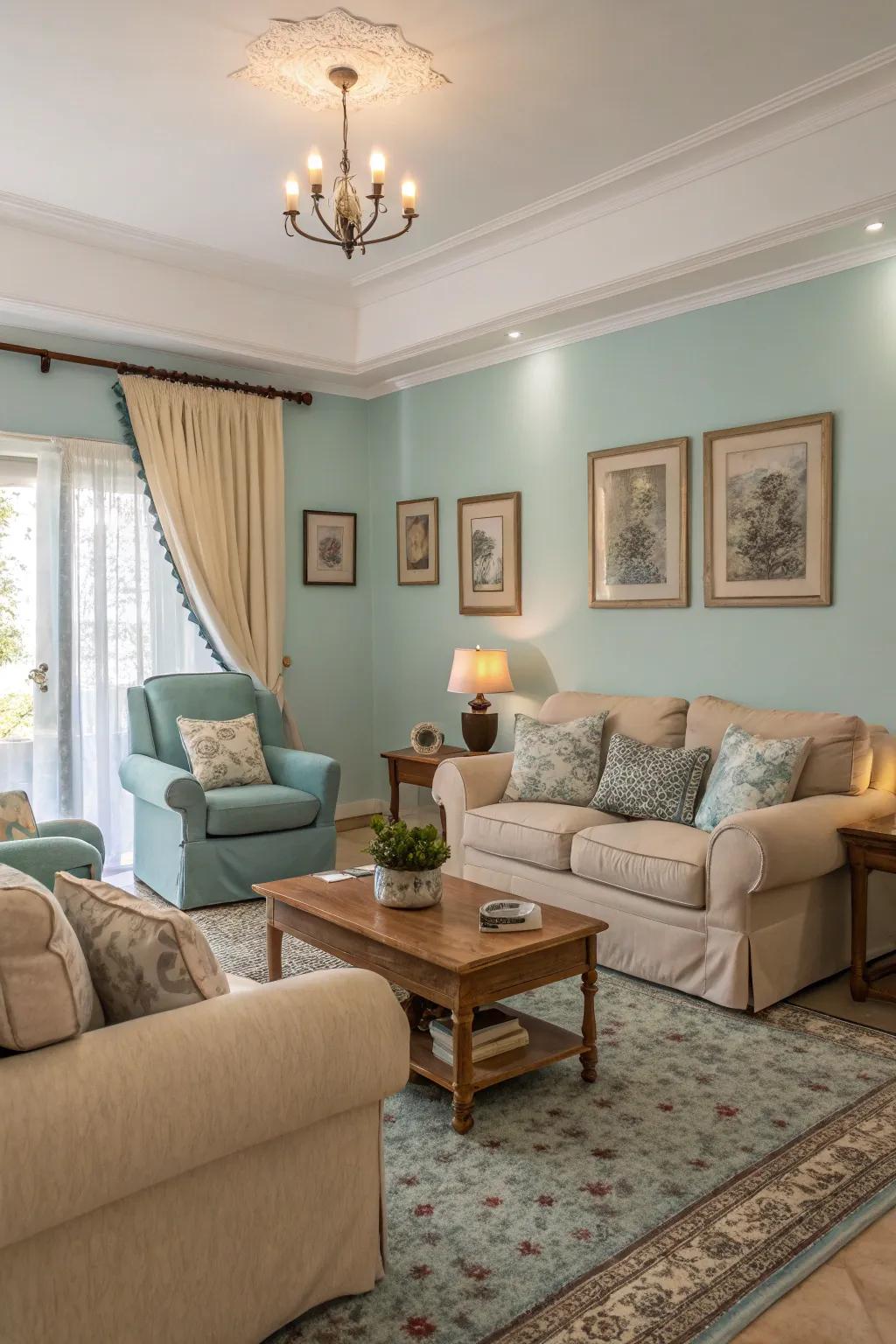 Light blues create a soft and serene atmosphere in this tranquil living room.
