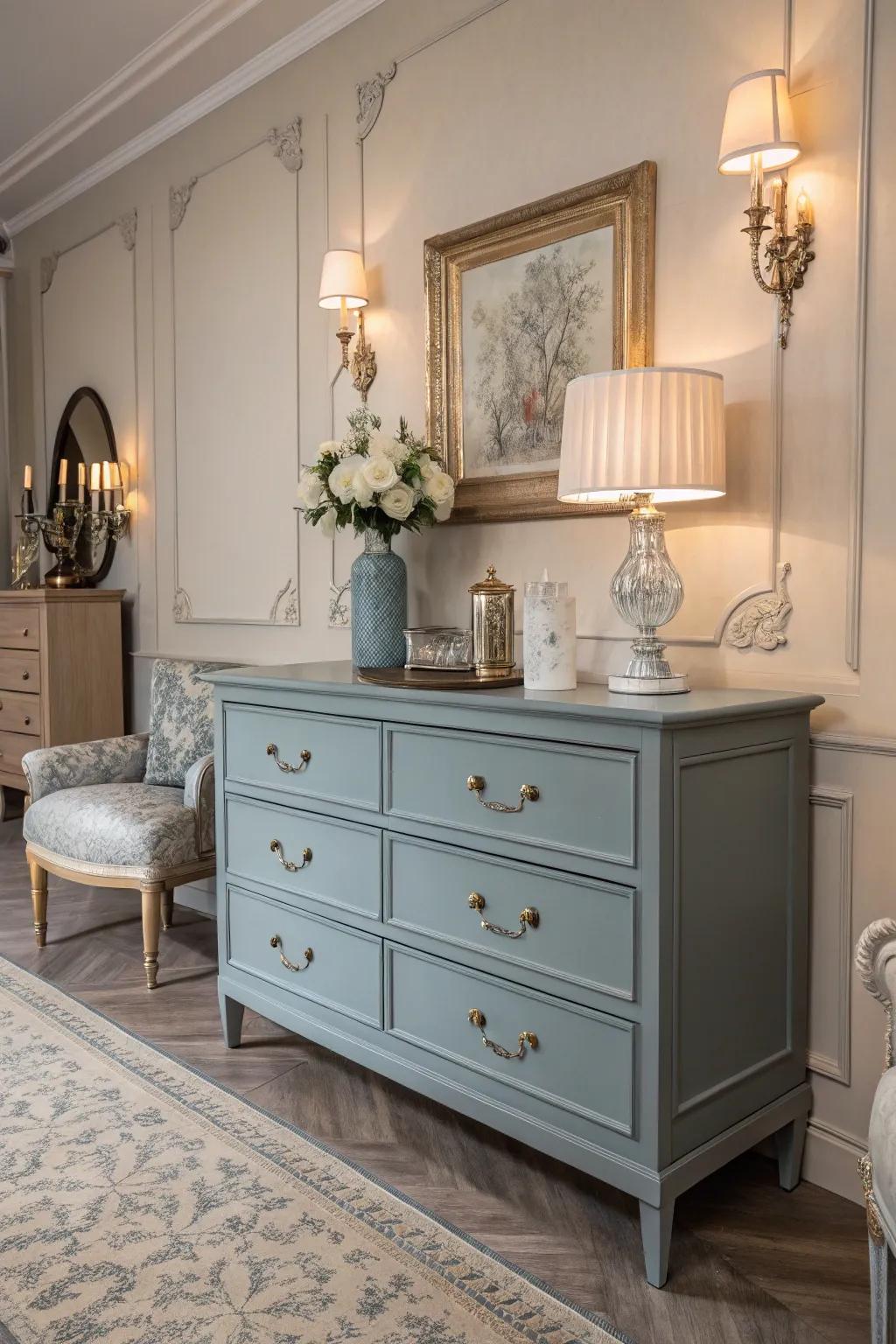 A muted blue-gray dresser providing subtle sophistication.