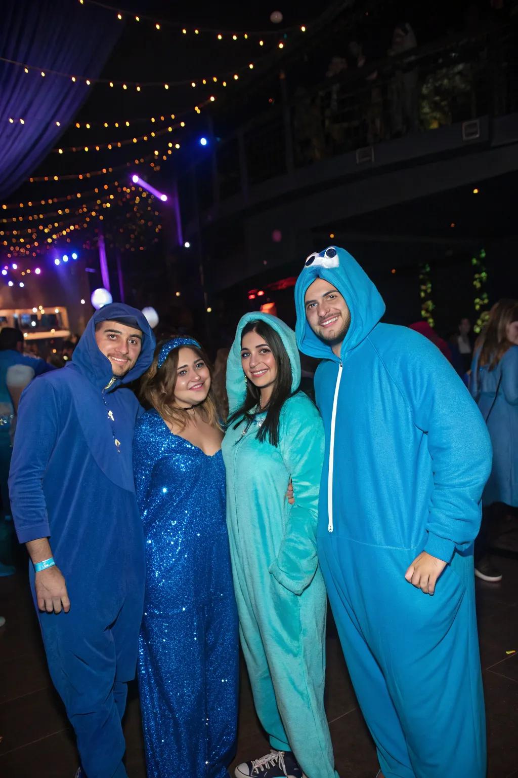 Visitors wearing inventive azure-themed clothing, savoring the celebration.
