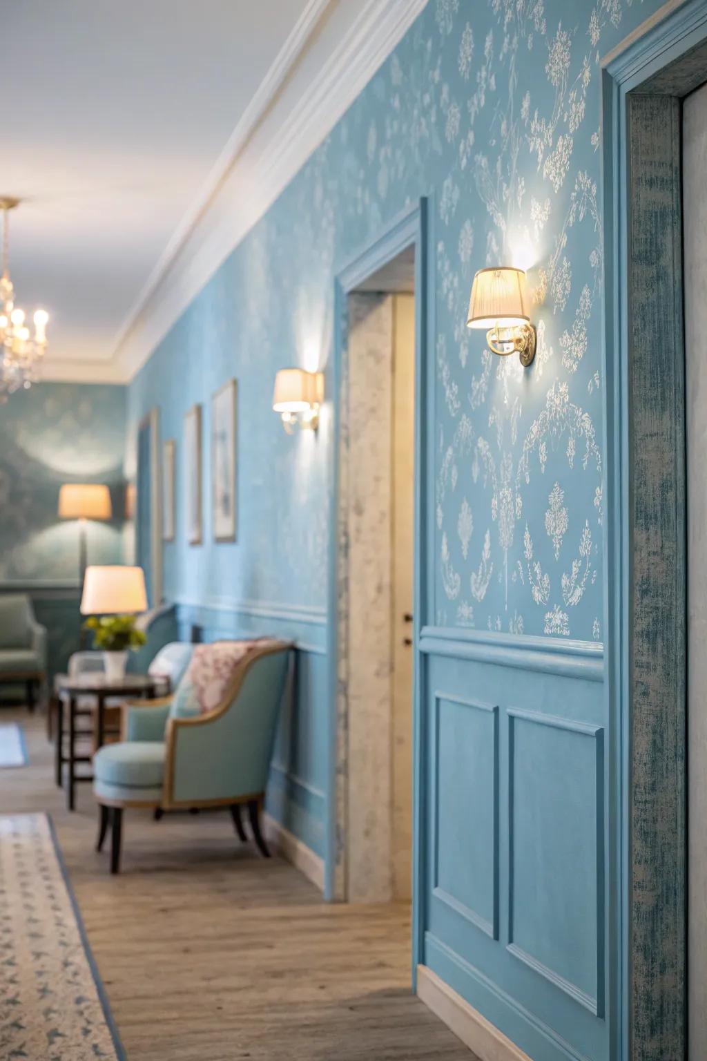Peaceful azure wall covering turns any space into a calming retreat.