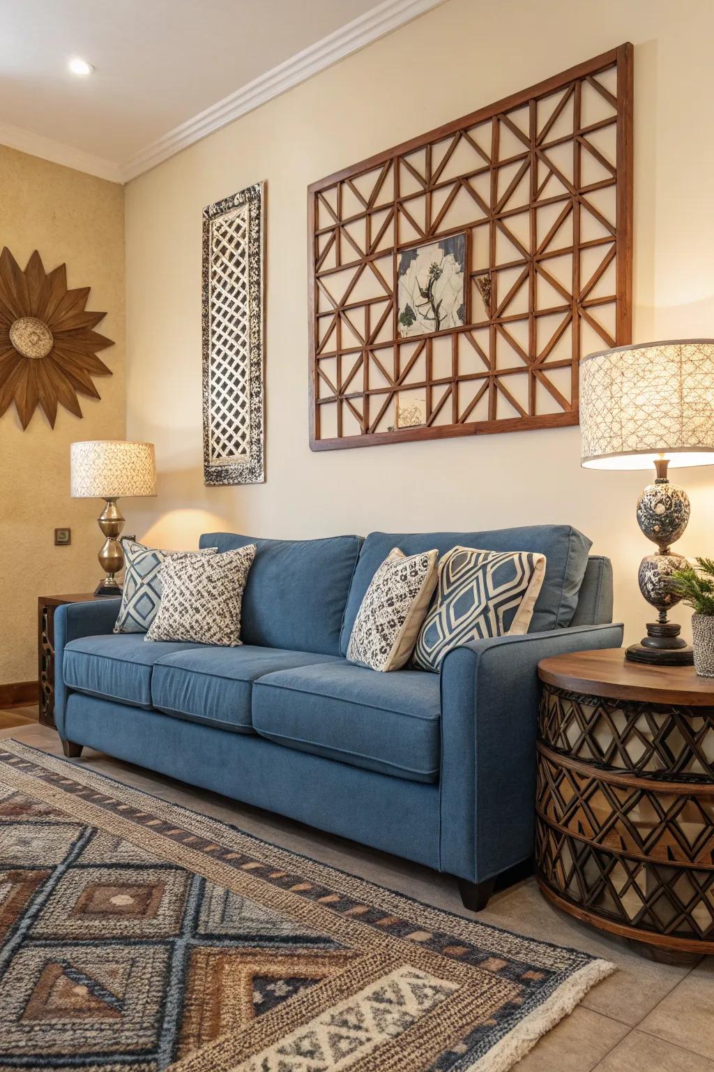 Angular designs introduce modernity to a cerulean couch setting.