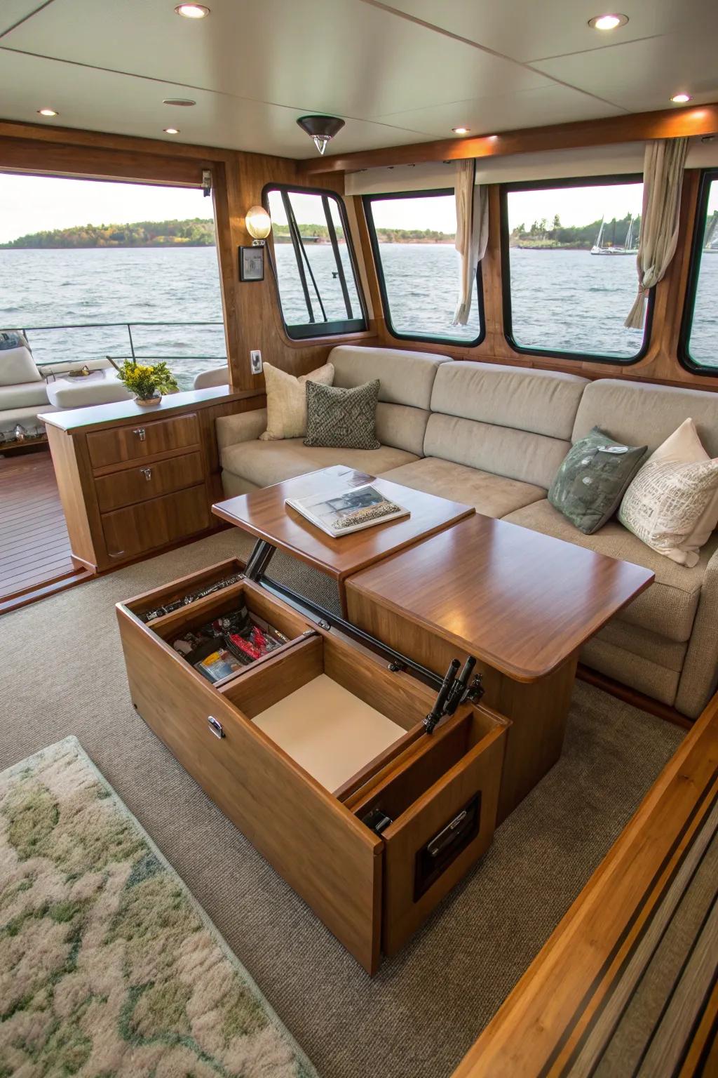 Convertible coffee table in a versatile boat living room.