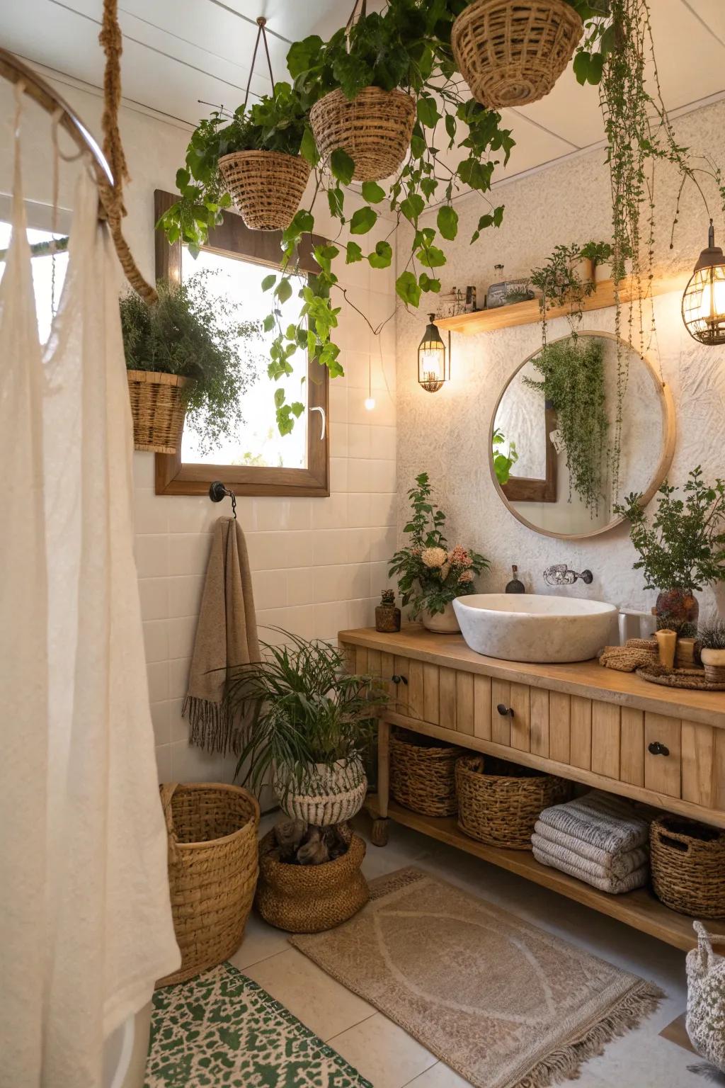 A lush boho bathroom featuring hanging plants.