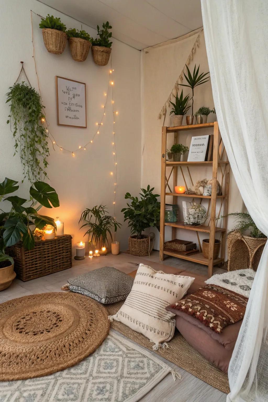 A tranquil corner with zen items enhances the calming atmosphere of this boho bedroom.
