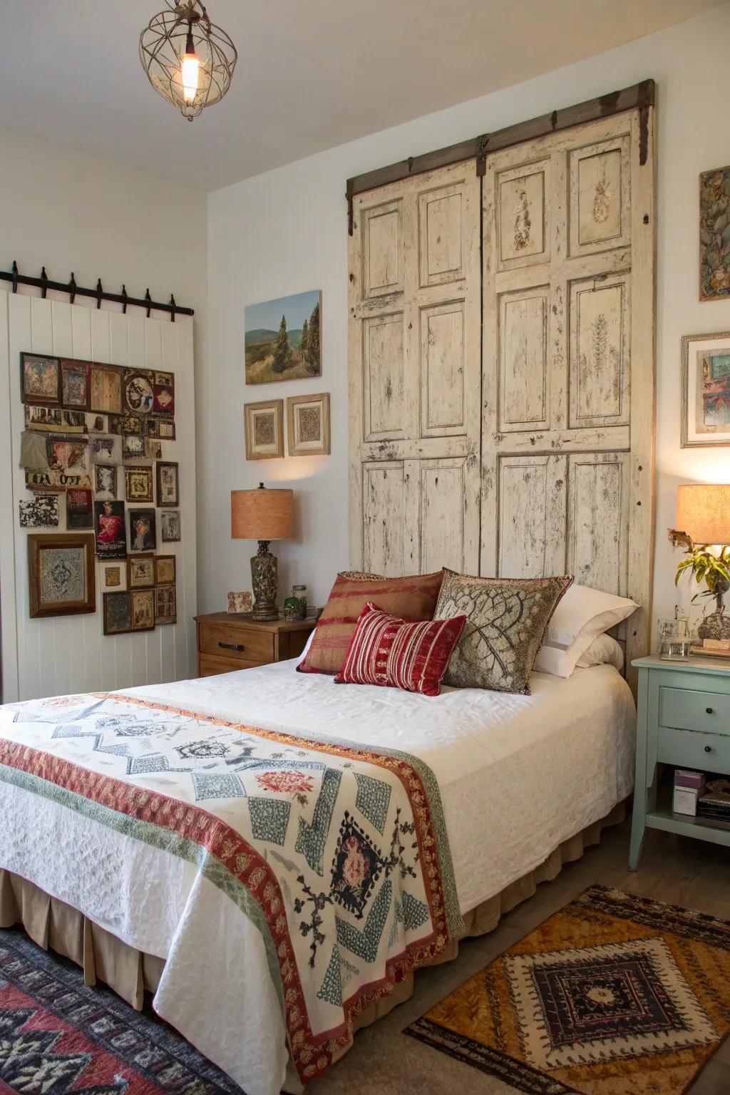 Vintage doors transition into a headboard with irresistible charm and character.