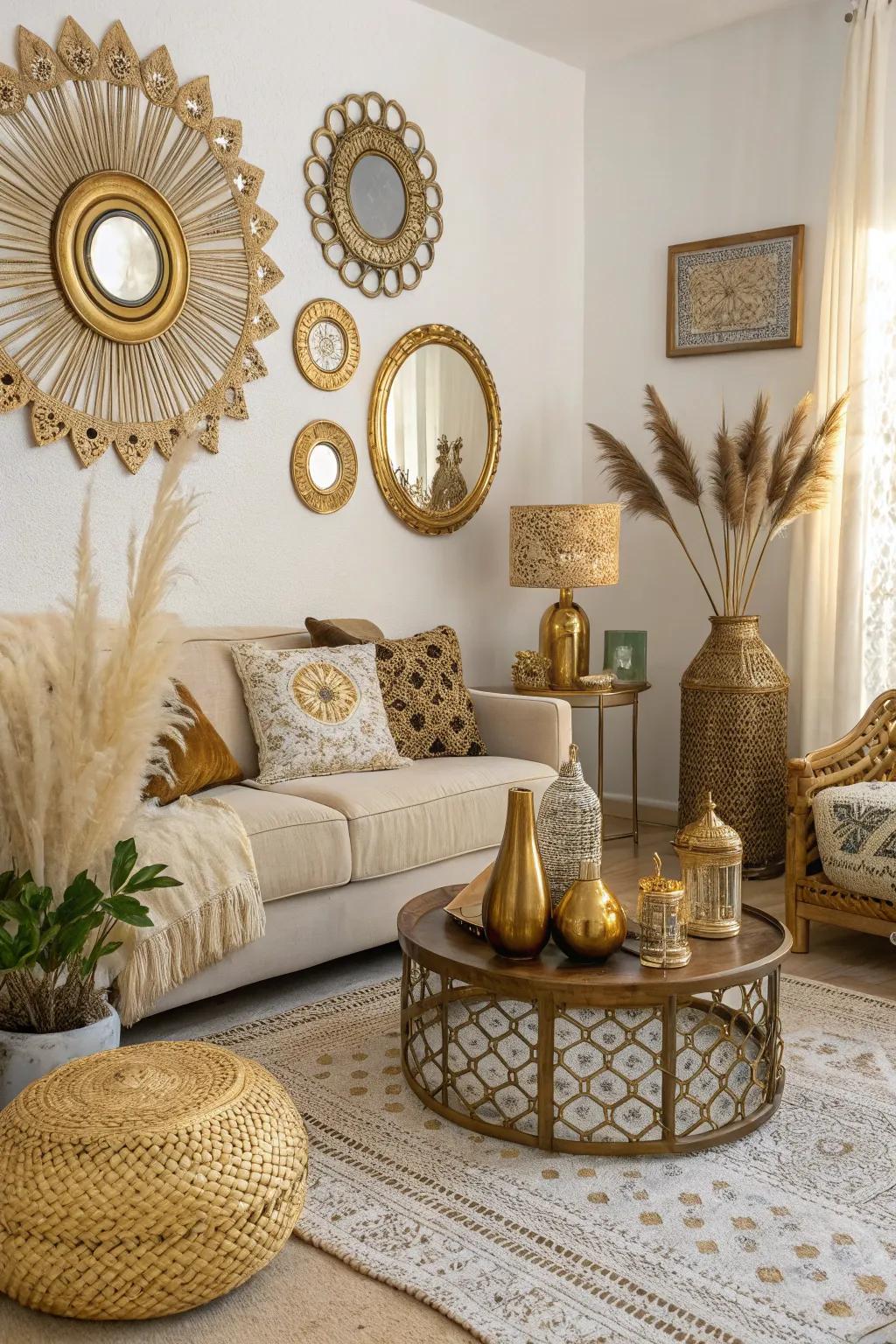 Gold features elevate the bohemian aesthetic.