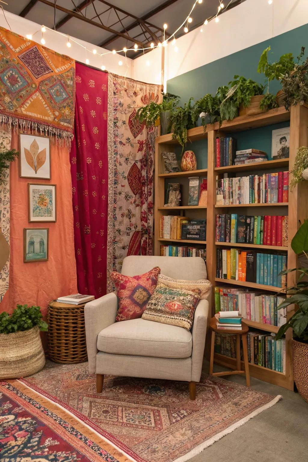 A bohemian nook that celebrates vibrant colors and eclectic flair.