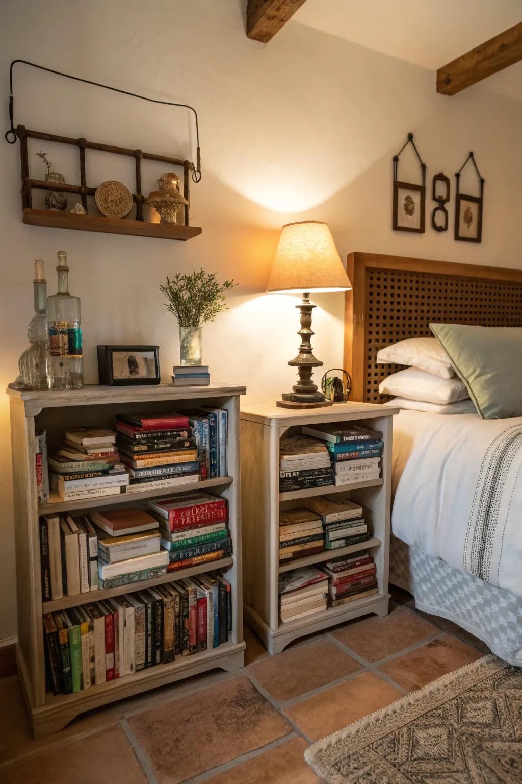 Bookcases that act as stylish and functional bedside tables.