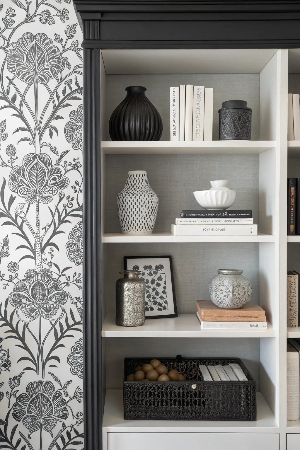 Bookshelf with black and white wallpaper for a modern, contrasting look.