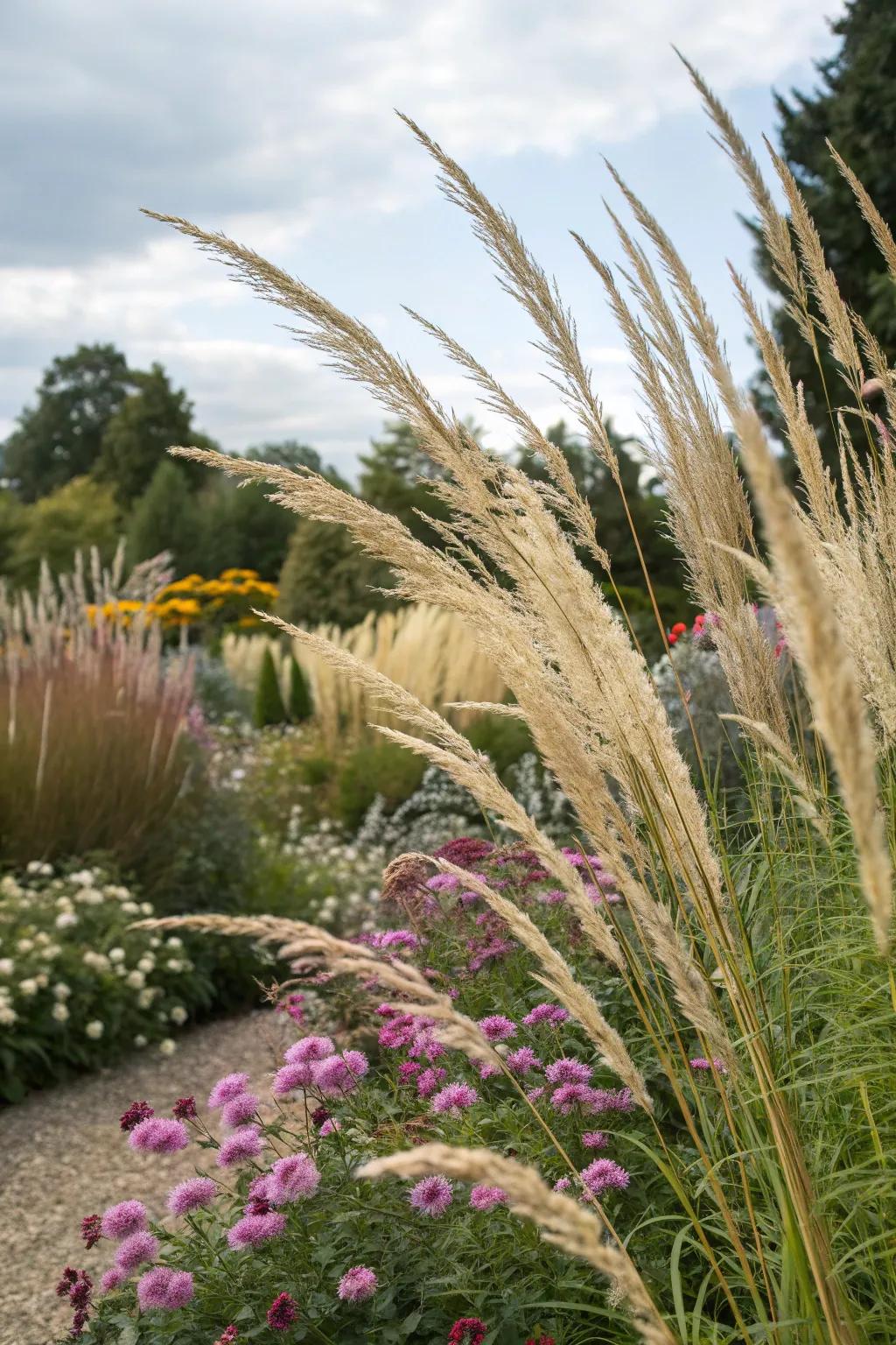 Tall grasses add height as a garden background.