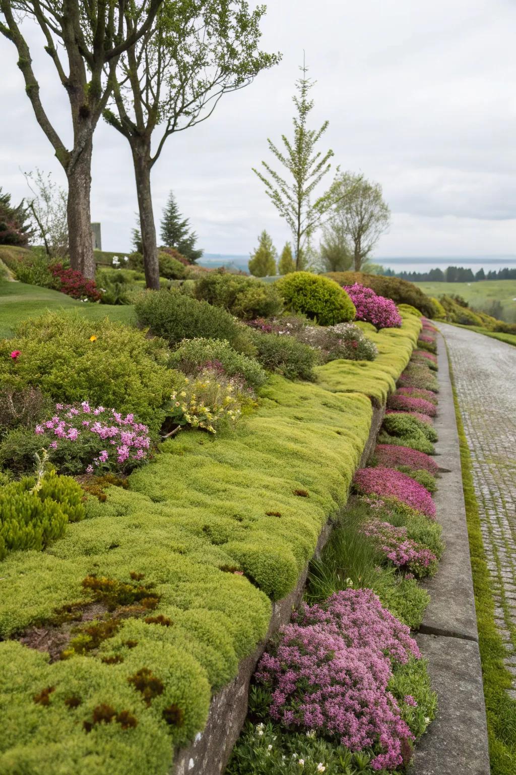 A gentle, lush garden border with lichen and groundcovers.