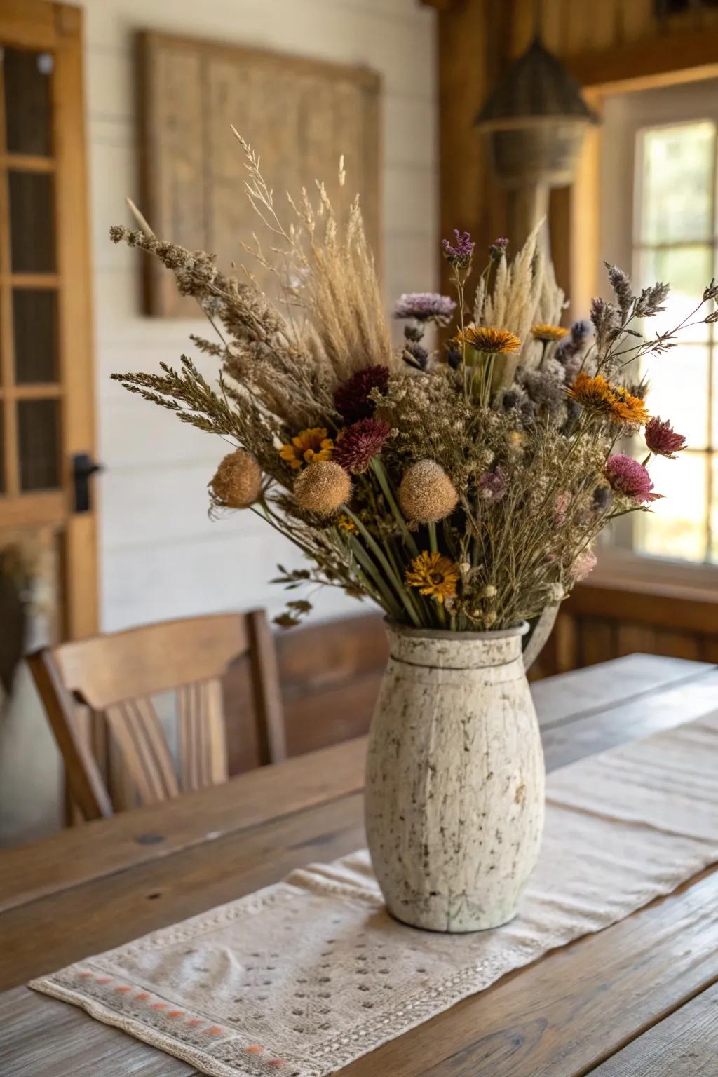 Desiccated bouquets are ageless and enduring.