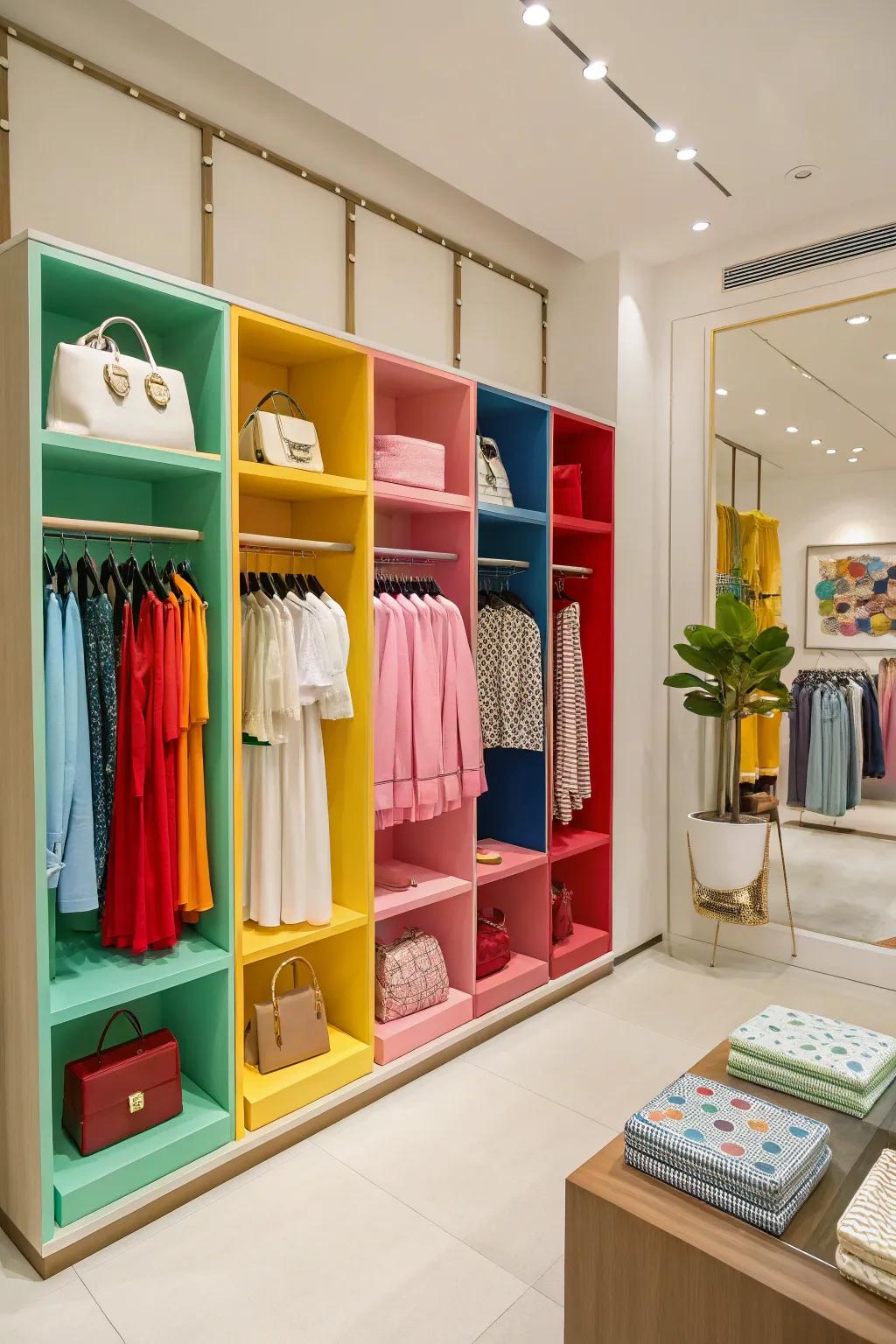A boutique interior with color-blocked displays, creating an organized and visually appealing setup.