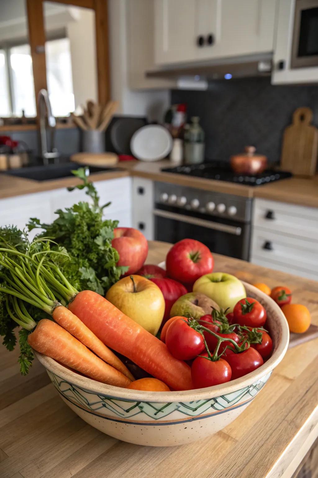 A bowl filled with fruit, adding color and utility