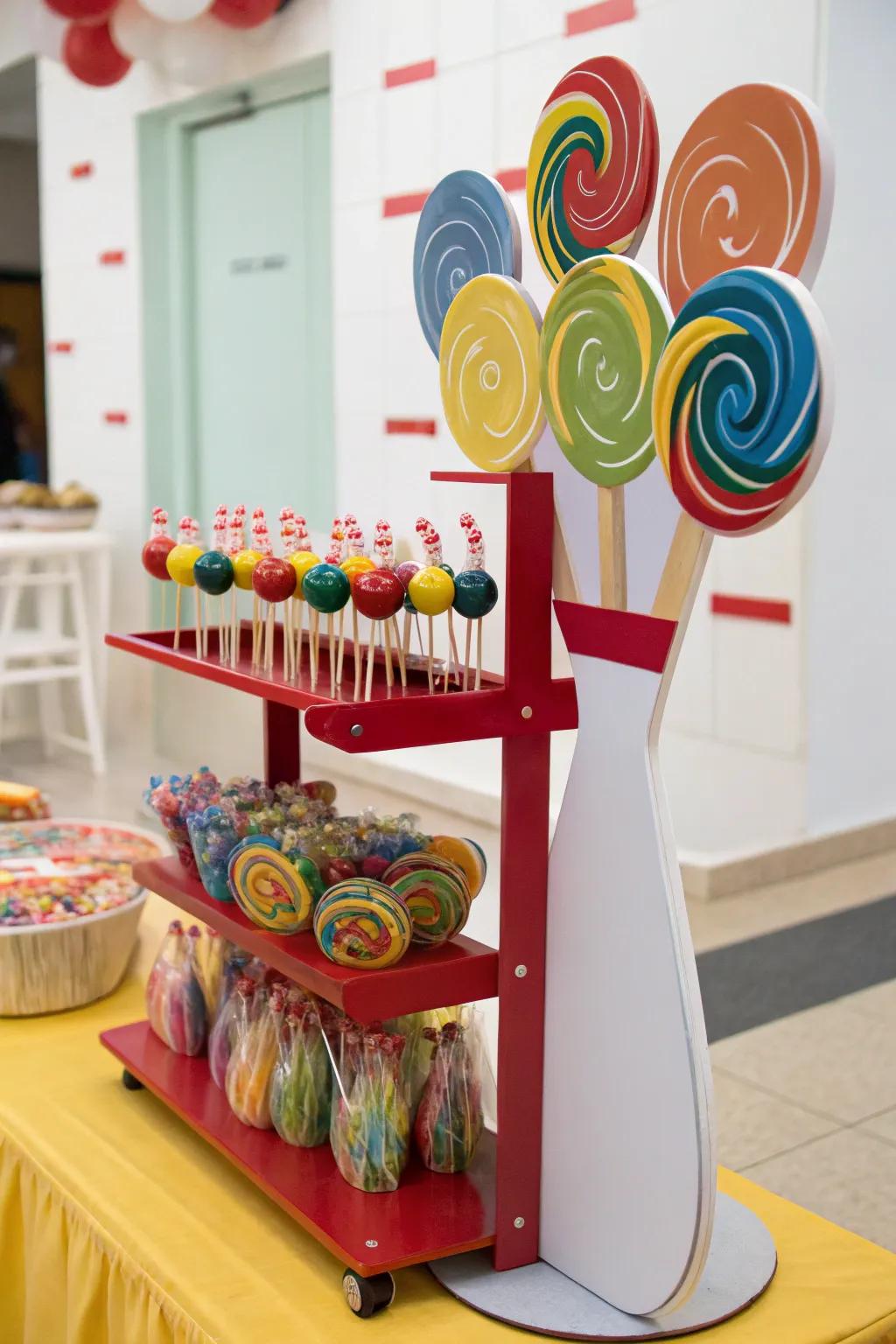 Sugary lollipop kiosk featuring bowling pin contours for an amusing centerpiece.
