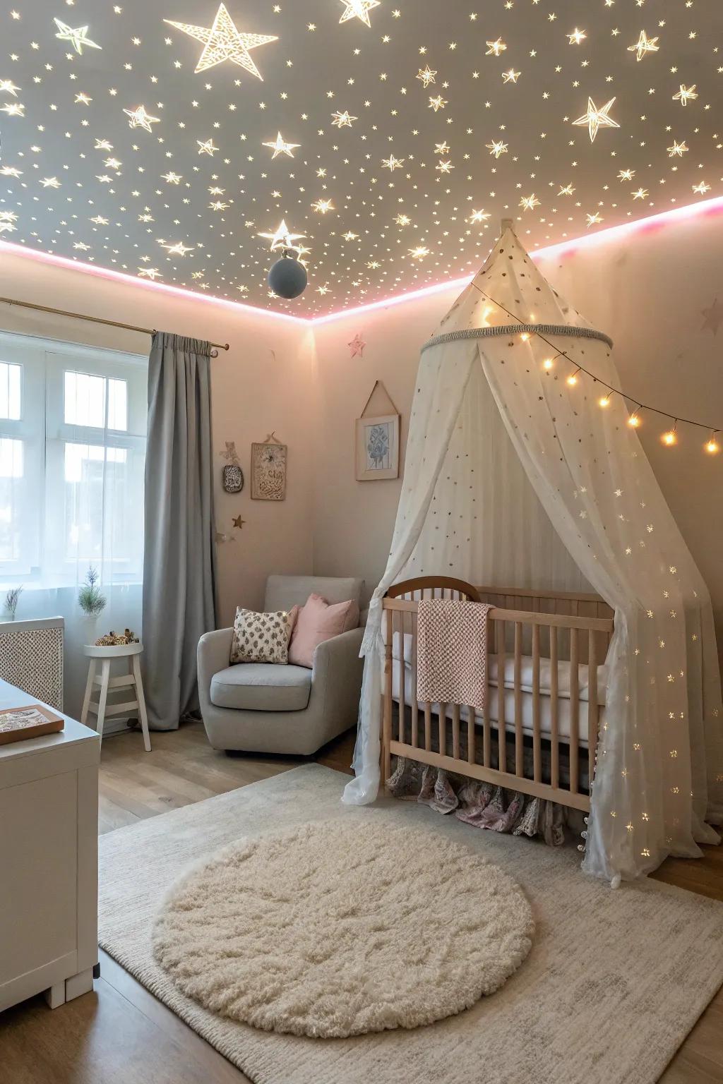 An emphasized overhead heightens a magical detail to the nursery.
