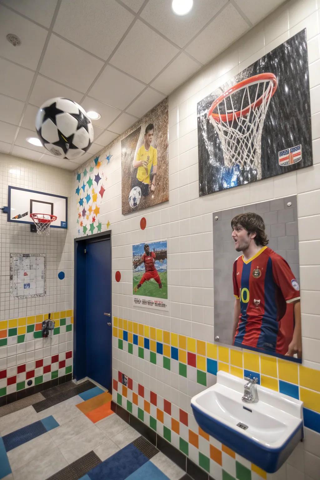 Sports-themed decorations personalize a boys' bathroom.