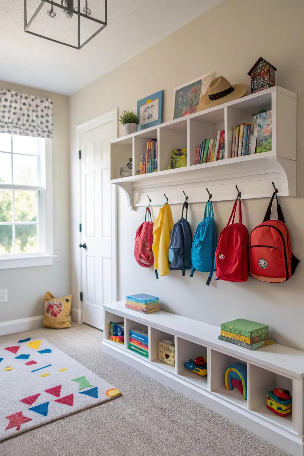 Maximizing vertical expanse for an uncluttered and systematized playroom.