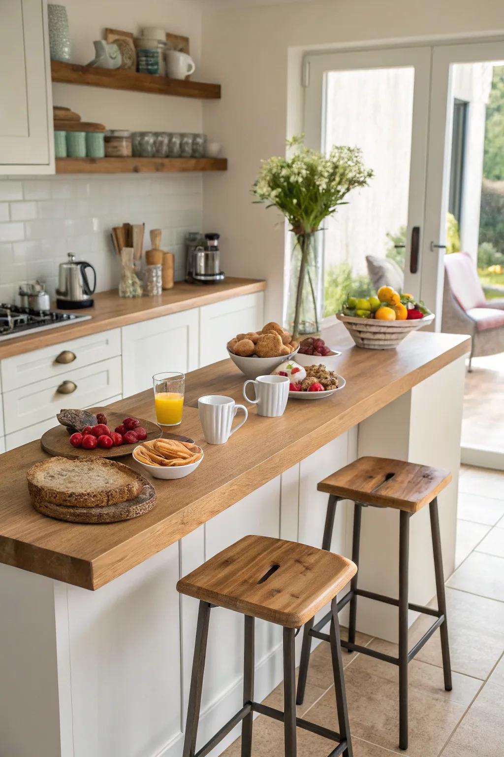 A breakfast bar is perfectly incorporated into the cooking area's design.