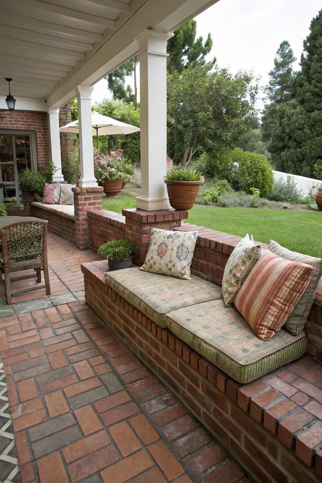 Built-in stone block seating maximizes space and enhances outdoor comfort.