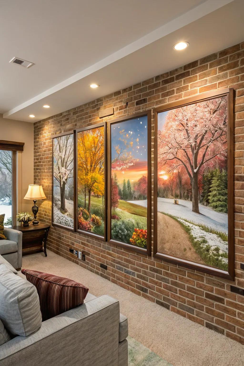 A seasonal mural celebrates the changing seasons on a brick wall.