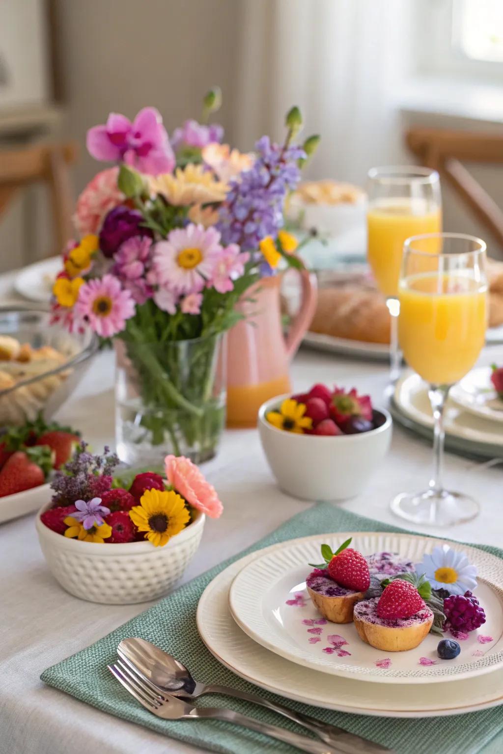 Whimsical artistic flower decorations adding vibrancy to brunch.