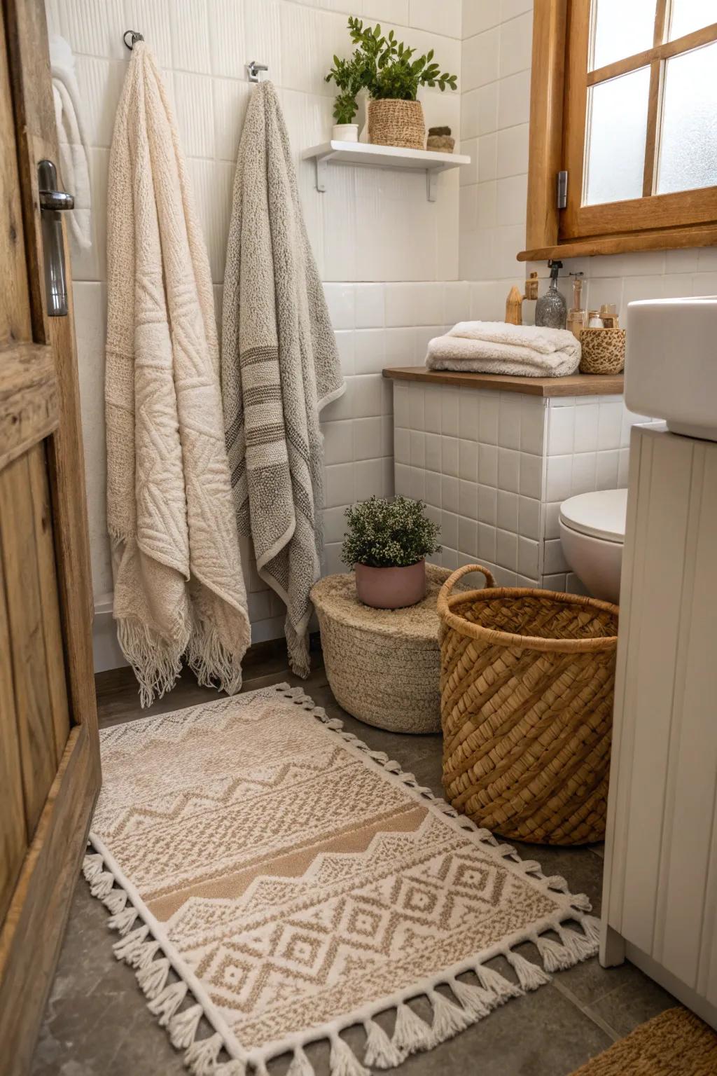 Textured accents bring warmth and style to this small bathroom.