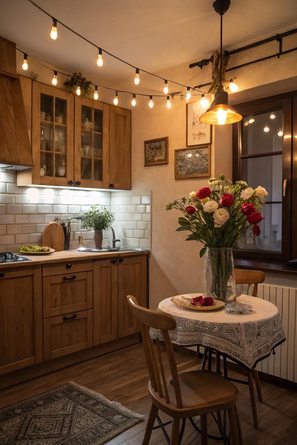 Layered illumination enhances the ambiance of this kitchen.