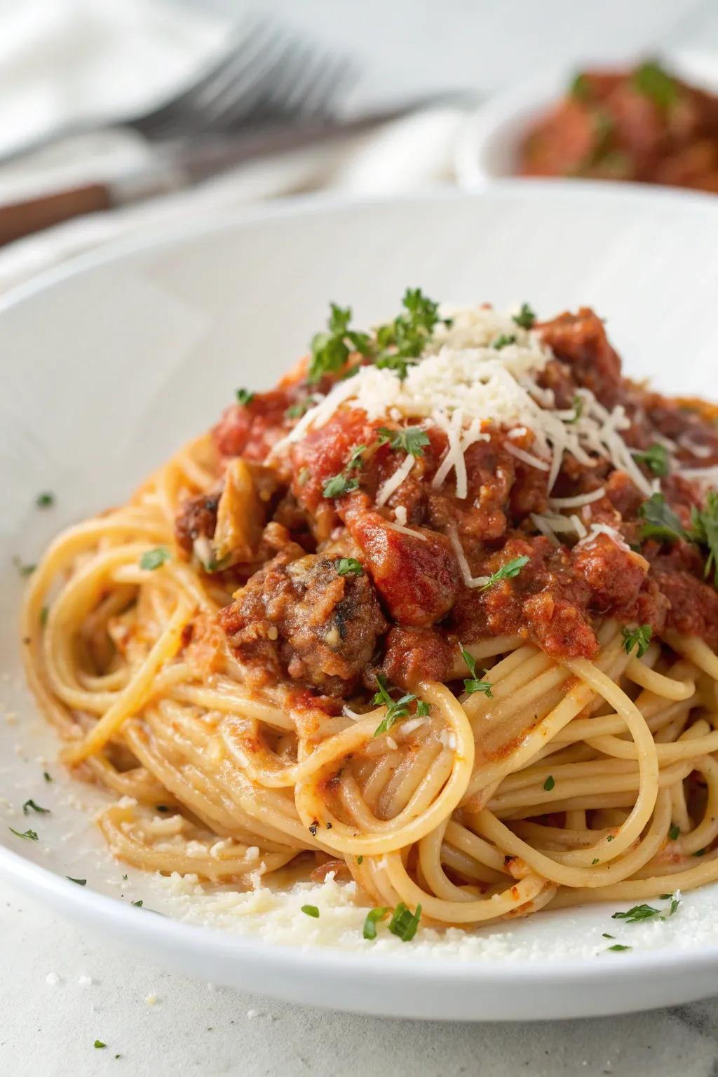 Spaghetti bolognese, a timeless family favorite, perfect for sharing.