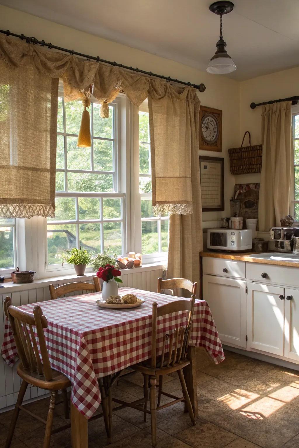 Quaint country charm with woven fiber cafe drapes.