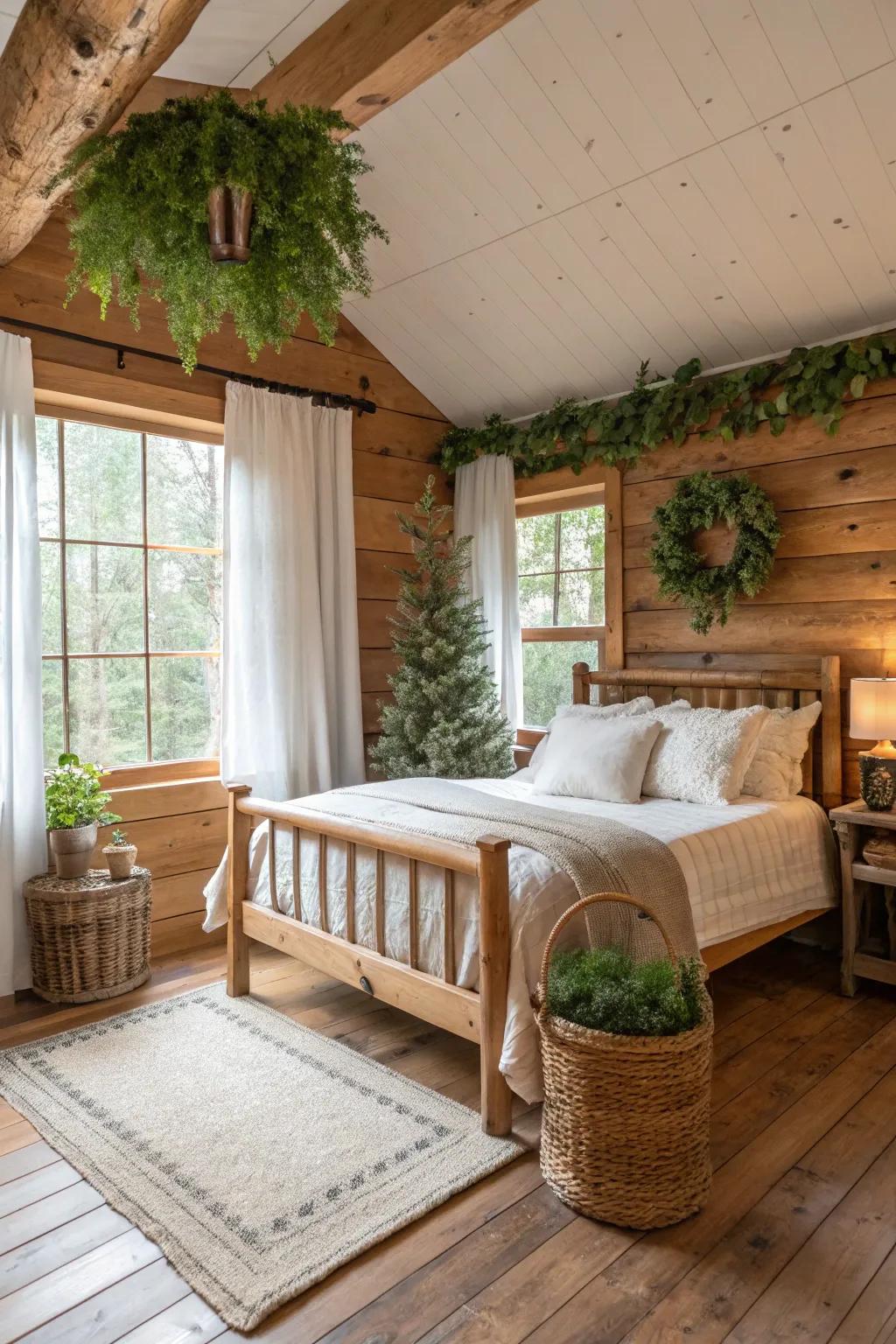 A cabin bedroom featuring artificial greenery and nature-inspired decorations.