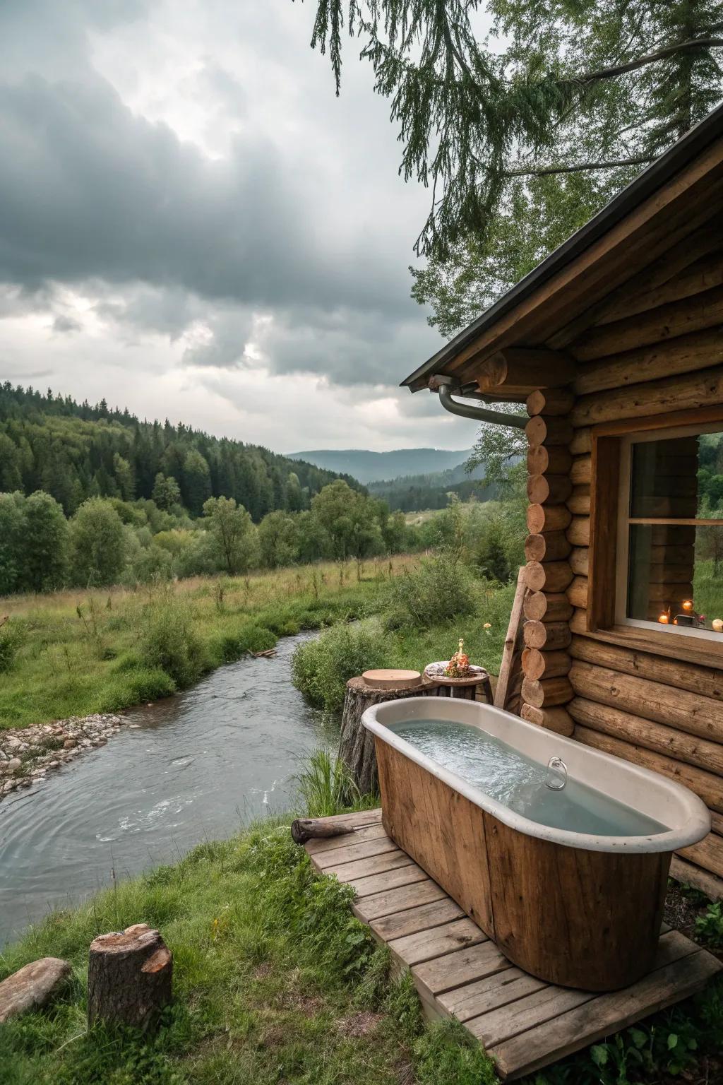 Luxurious exterior spa retreat by a cabin