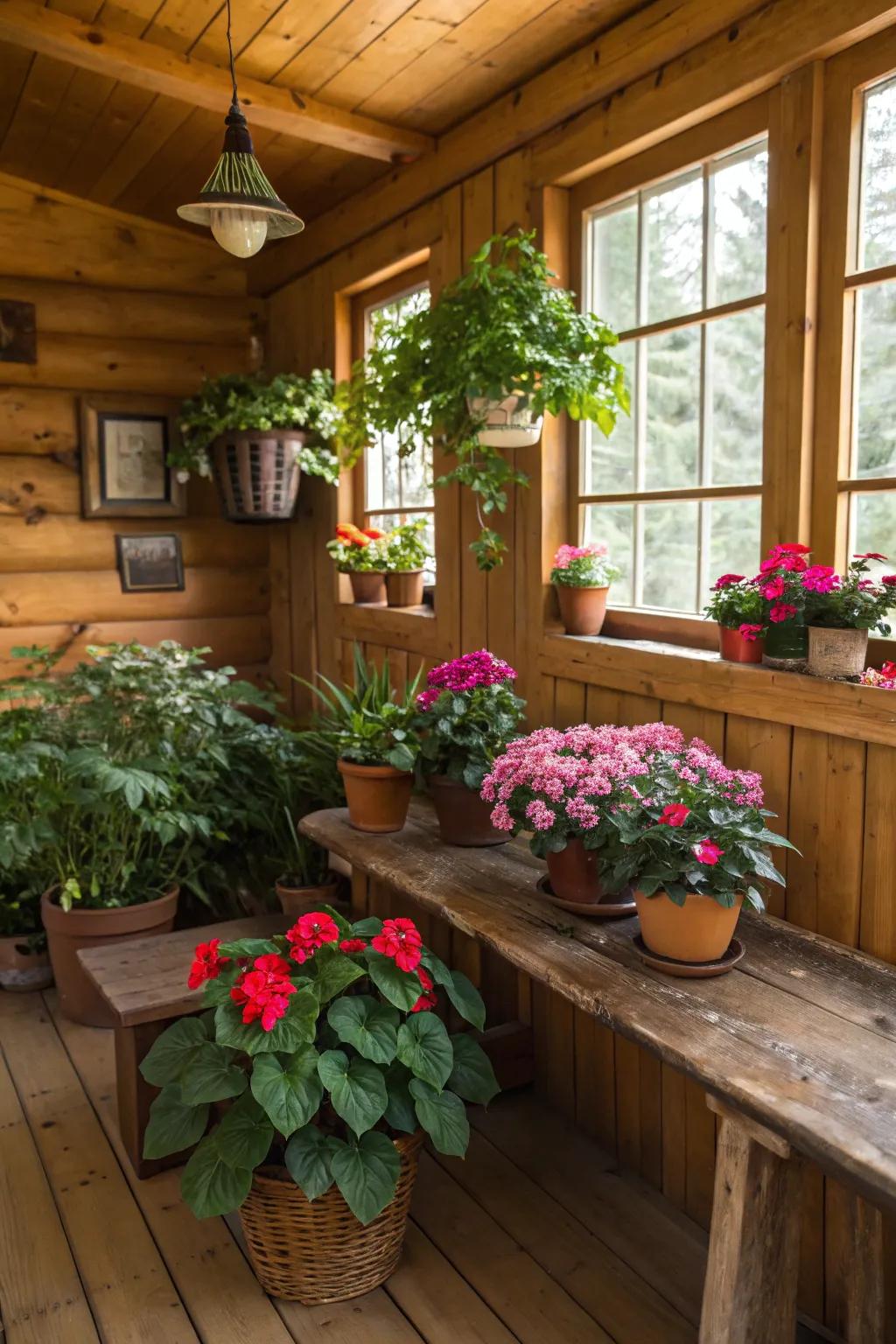 Plants introduce life and color to the cabin interior.
