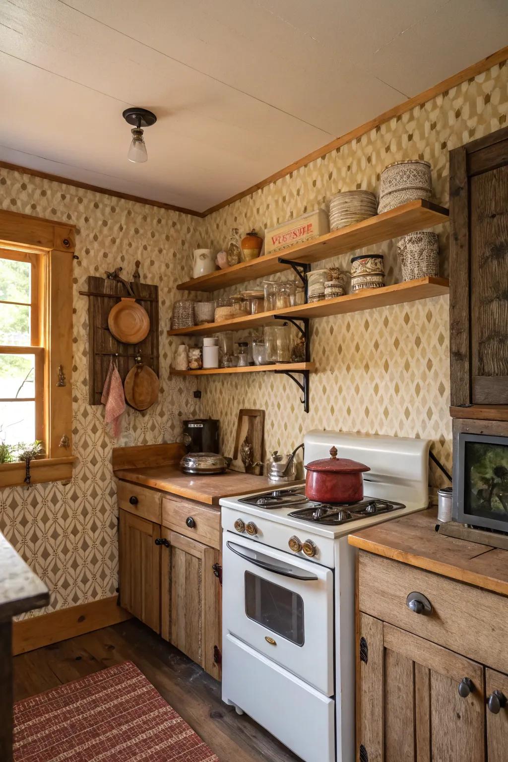 Textured wallpaper adds depth and character to a cabin kitchen.