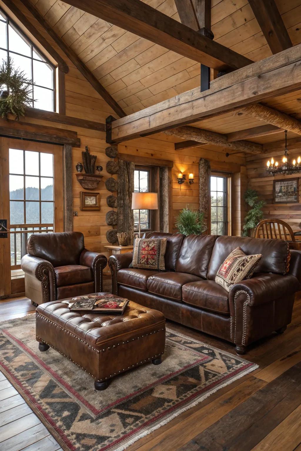 Rugged sophistication is injected into the room using leather furniture.