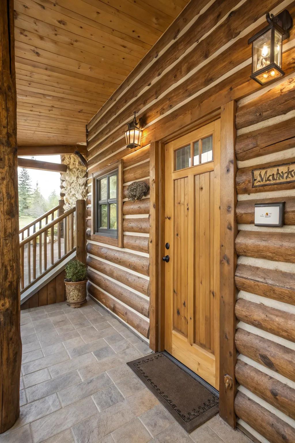 Lumber slats producing a textured, modern appearance in the entryway.