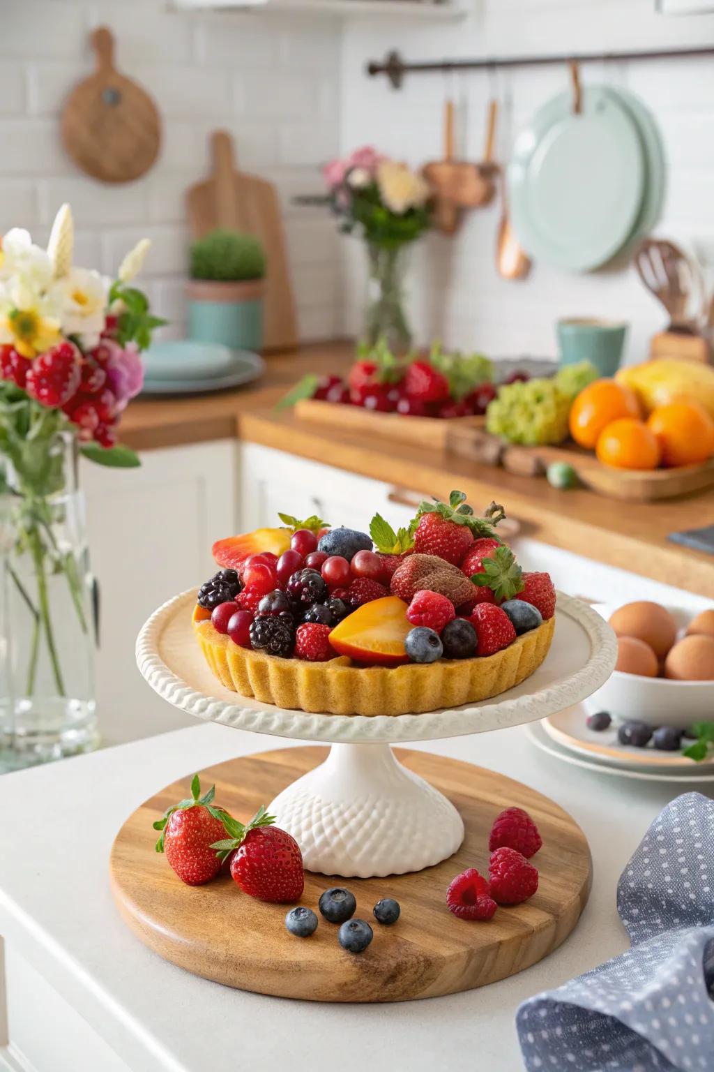 A vibrant fruit display on a presentation stand injects color and freshness.