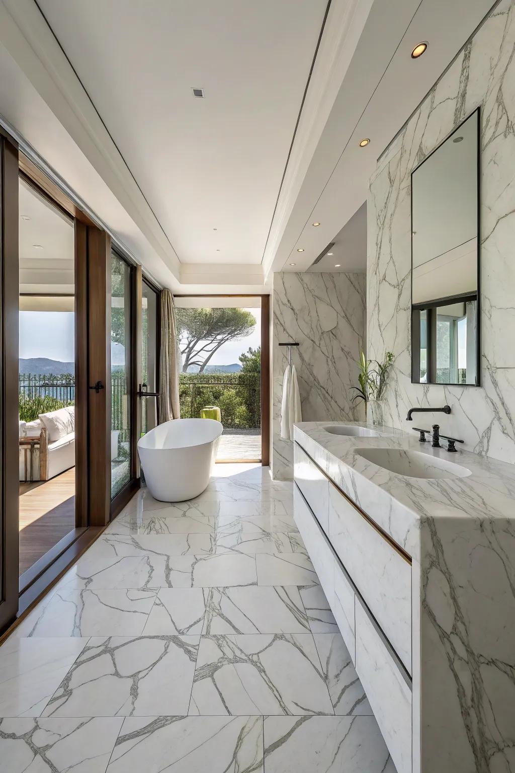 An open-plan bathroom featuring seamless changes with Ivory Coast marble tiles.