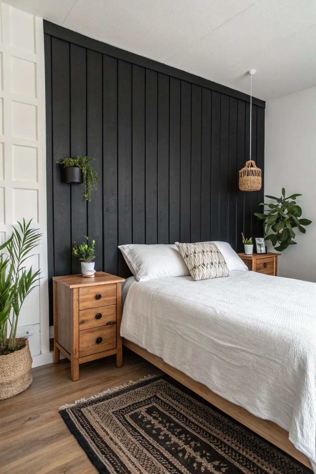 Bedroom design with a black accent wall providing contrast and sophistication.