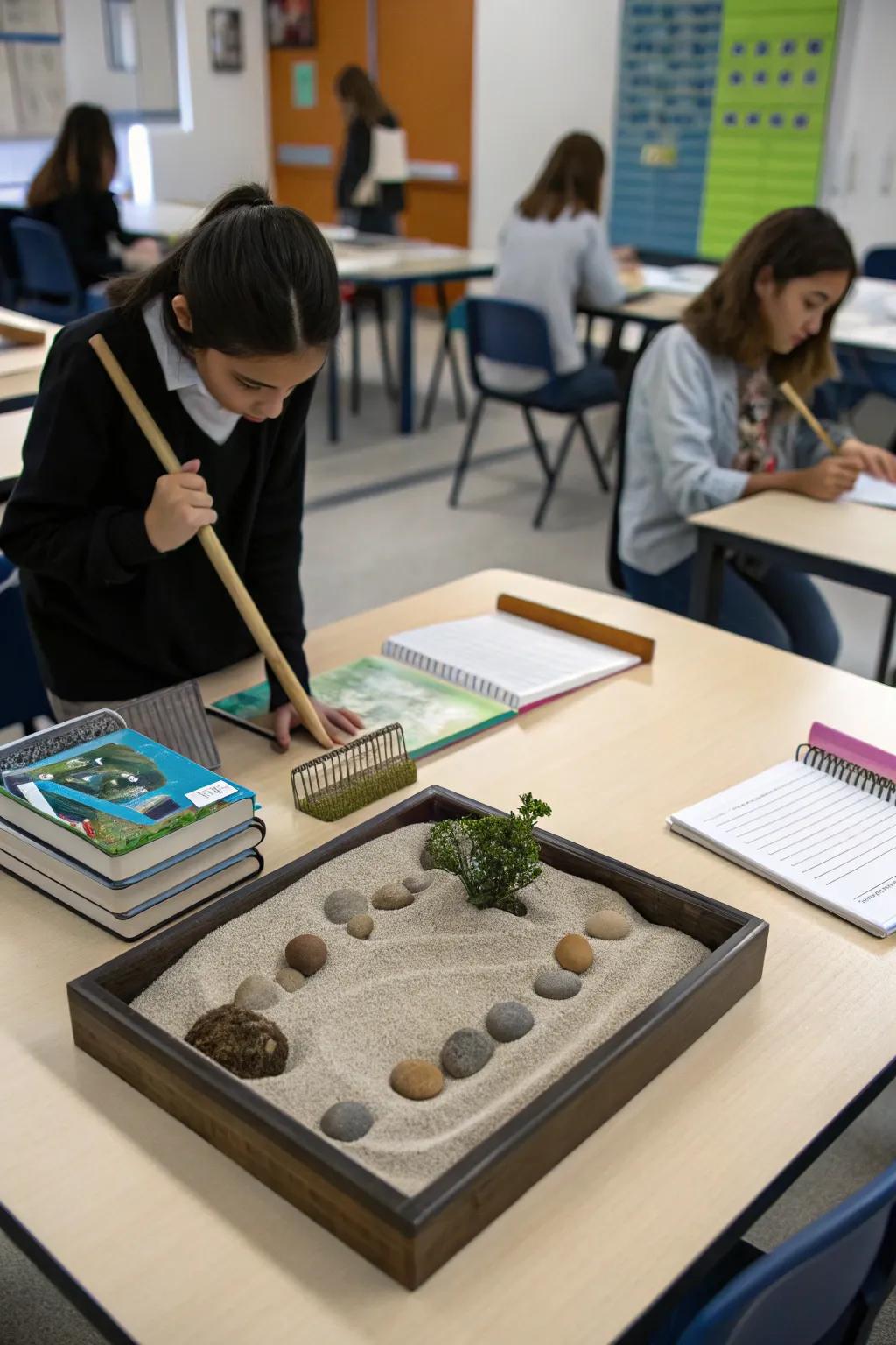 A Zen garden provides a hands-on mindfulness activity for students.