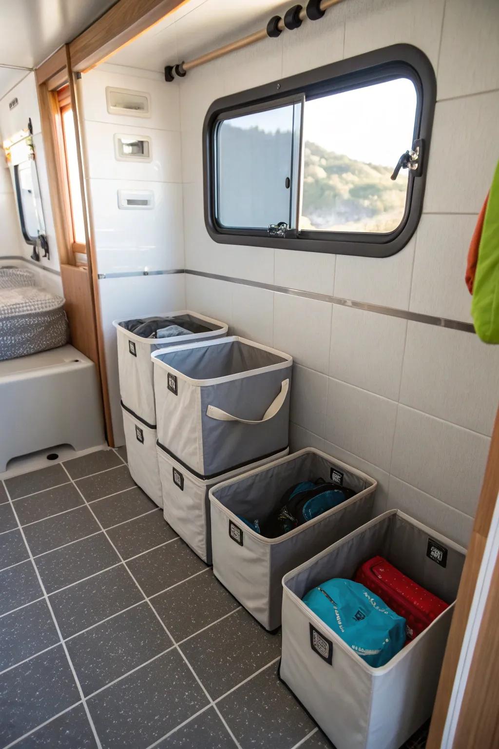 Folding tubs offering flexible storage options in a camper bathroom.