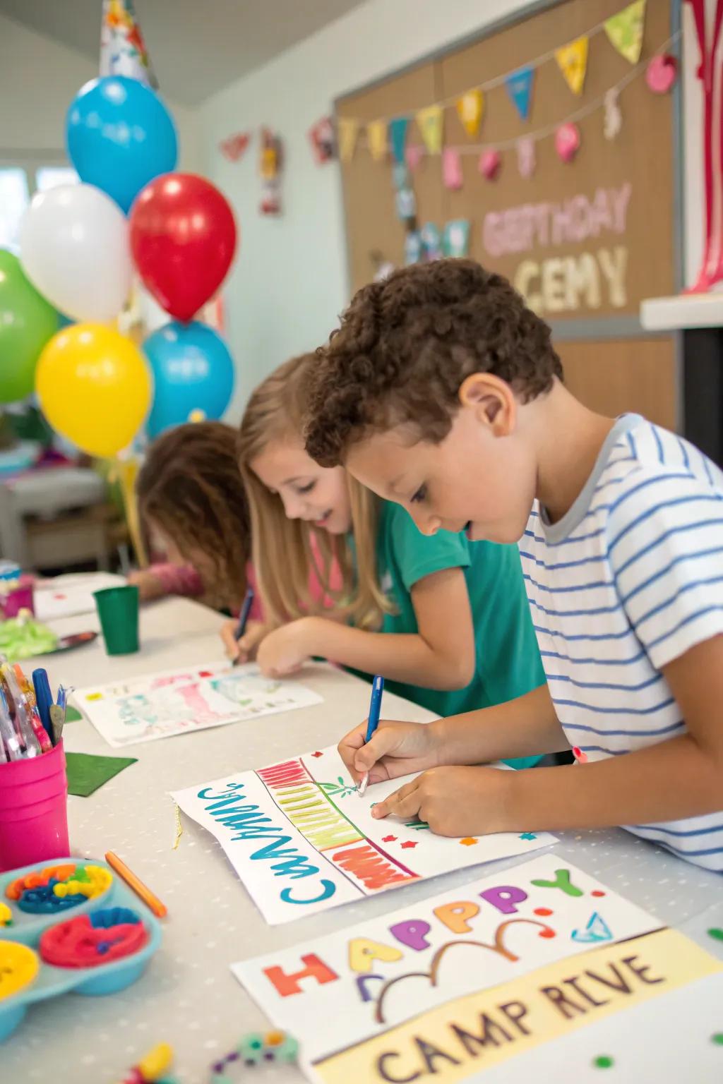 Creative camp sign crafting at the birthday party.
