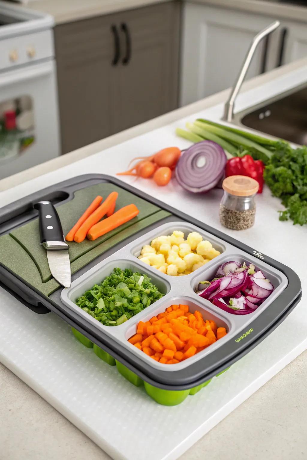 Simplify meal prep with a cutting board that doubles as storage.